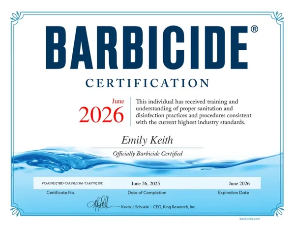 Barbicide certification for Emily Keith
